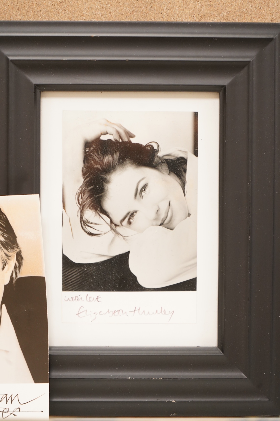 Four signed photographs to include, John Gielgud, Jonathan Pryce and Elizabeth Hurley, largest 28cm high
